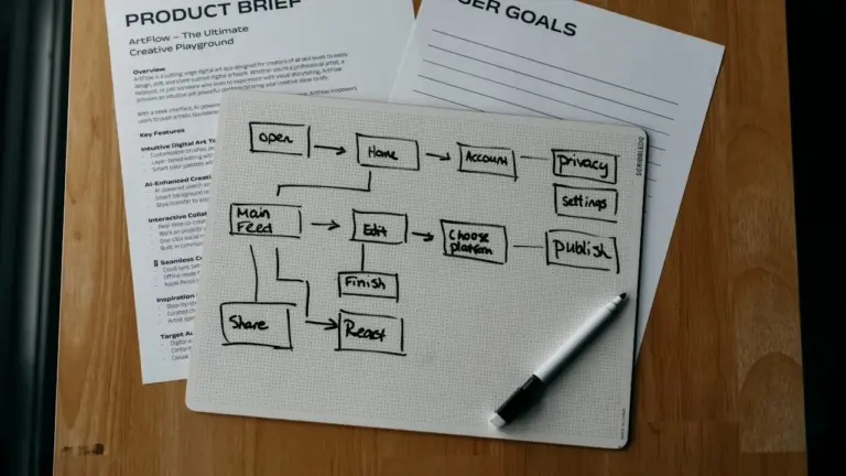 Flowchart on notebook with pen