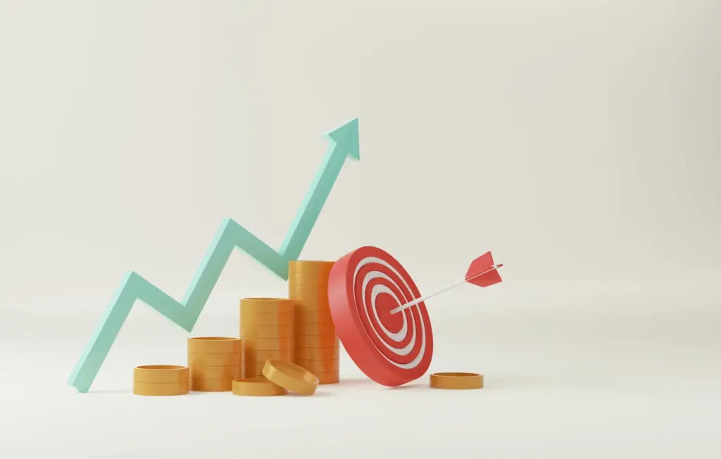 Stacks of coins with target and rising arrow