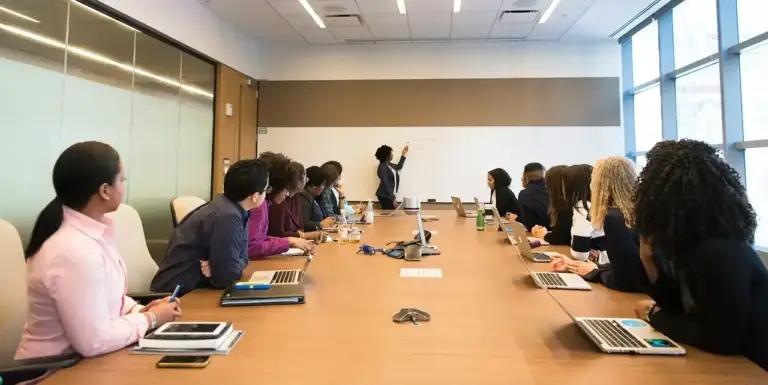 Team meeting in conference room with whiteboard presentation.