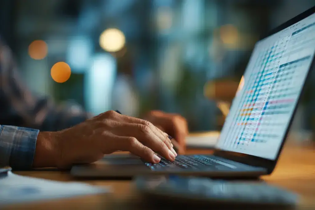 Person typing on laptop with spreadsheet visible